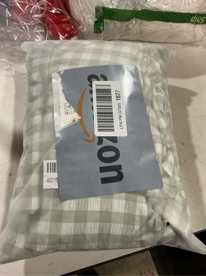 Condition photo showing As Is for zjdecor 90 inches buffalo plaid curtain panels for kidsroom,sage green farmhouse not-see-through sheer ruffle drapes,shabby chic window treatment for bedroom living room,rod pocket,40" wx90 lx2 40"w x 90"l (pack of 2) sage green