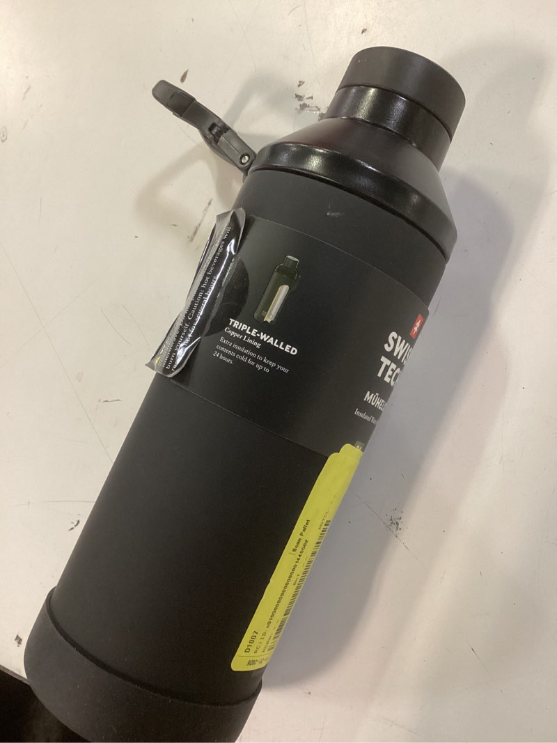 Condition photo showing New/Like New for swiss tech 24 oz triple-walled stainless steel water bottle  black  leakproof chug lid with clip handle and silicone boot