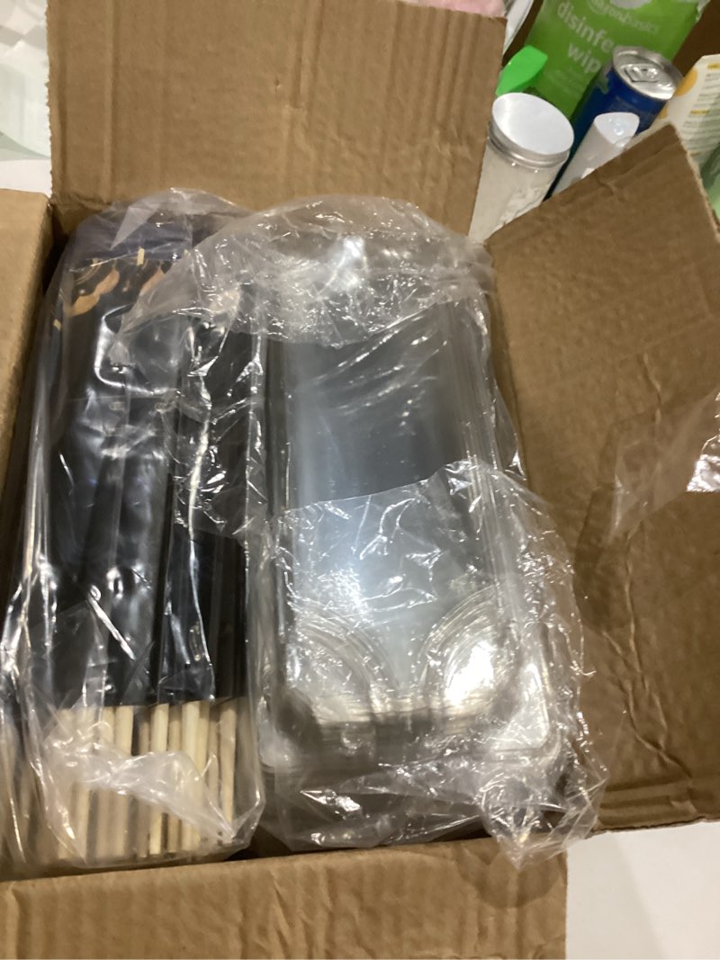 Condition photo showing Good Condition for Disposable Dinnerware Set for 50pcs Sushi Trays Containers with Lids 8.6 x 3.6 Inch Disposable Sushi Take Out Boxes, 50 Pairs Japanese Bamboo Chopsticks, 100pcs Soy Sauce Dishes 8.6" x 3.6"