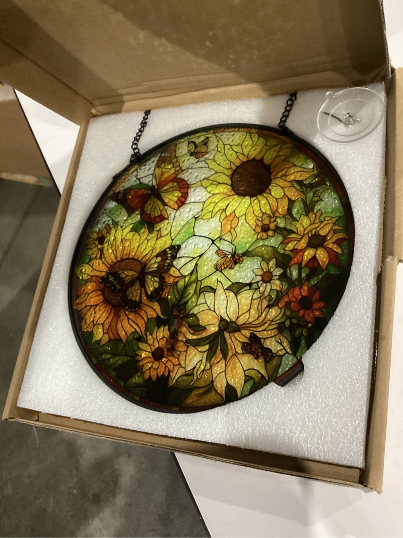 Condition photo showing Good Condition for (Similar )Sunflower Butterfly Suncatchers Stained Glass for Windows Hanging - 8'' Sun Catchers Indoor Window - UV-Print Stain Glass Window Hanging for Home Decor, Wall Art, Gifts for Mom