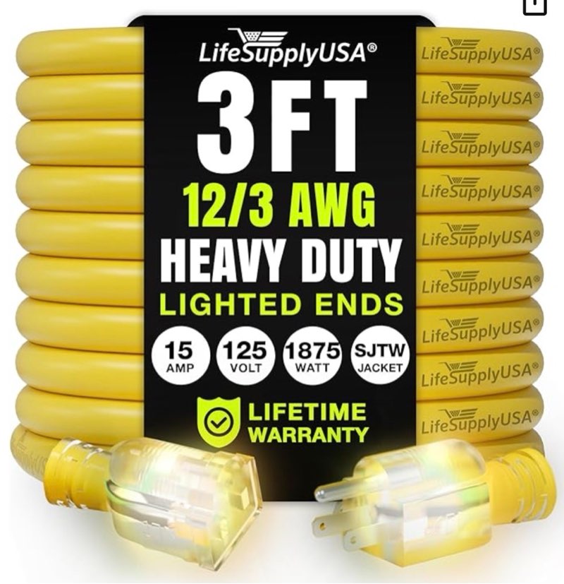 3ft Outdoor/Indoor Extension Cord 3-Outlet 12/3 Gauge Extra Heavy Duty 3 Prong SJTW, Waterproof, Flexible Cold-Resistant Long Power Cord,15A 125V 1875W, Black by LifeSupplyUSA 3FT 1-Pack yellow 