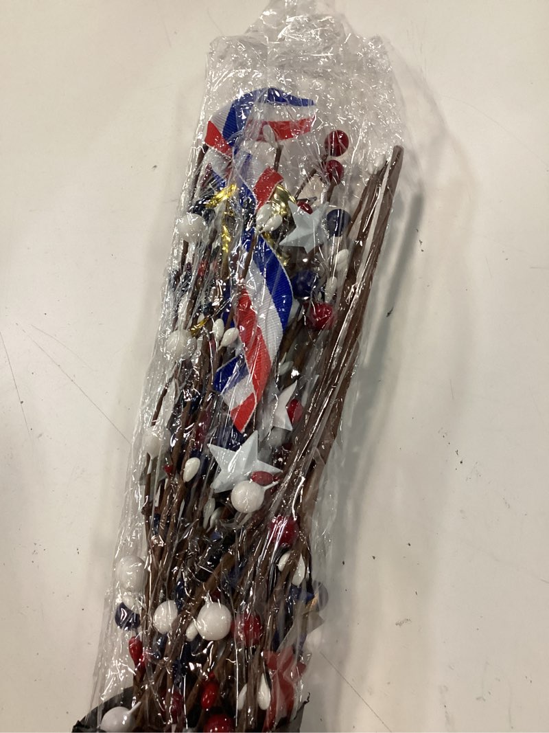 Condition photo showing New/Like New for 4 pack patriotic artificial berry stem picks white blue red stars for 4th of july independence day, pentagram faux berry branches decoration for home office restaurant vase décor patriotic white blue red stars