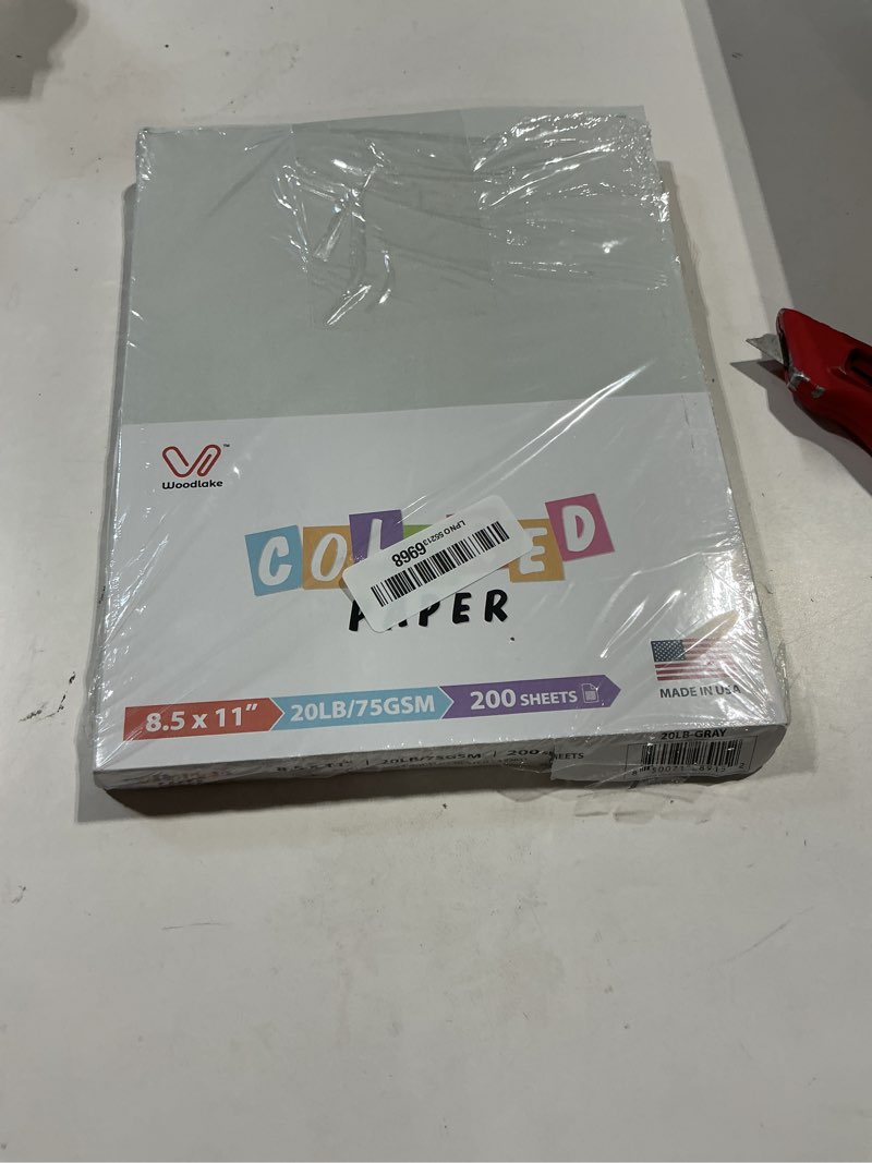 Condition photo showing Good Condition for woodlake gray colored paper 8.5 x 11 letter size, 20 lb 75 gsm multi-purpose printer paper, 200 sheets, jam-free grey copy paper for inkjet and laser printers, made in usa
