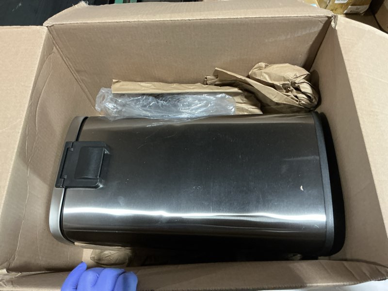 Condition photo showing Good Condition for amazon basics smudge resistant rectangular trash can with soft-close foot pedal, brushed stainless steel, 30l/7.9 gal, 13.8x11.8x25 in, satin nickel finish satin nickel middle, 30l/7.9 gal