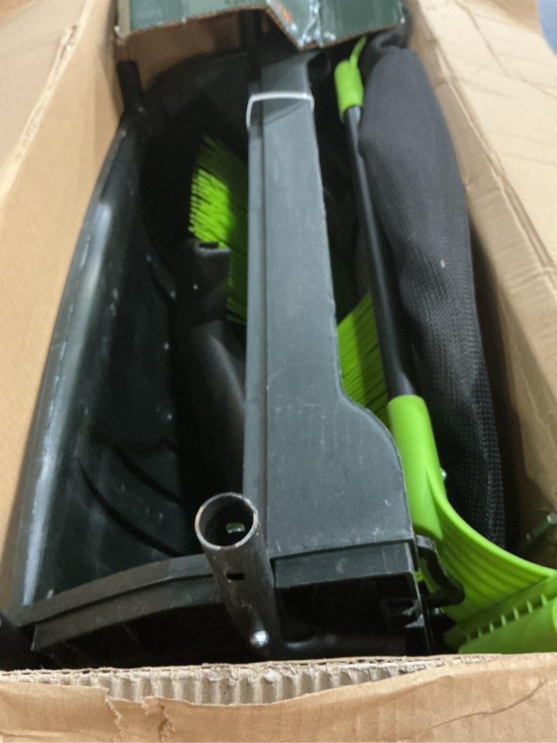 Condition photo showing As Is for earthwise lsw70021 21-inch width leaf & grass push lawn sweeper, black