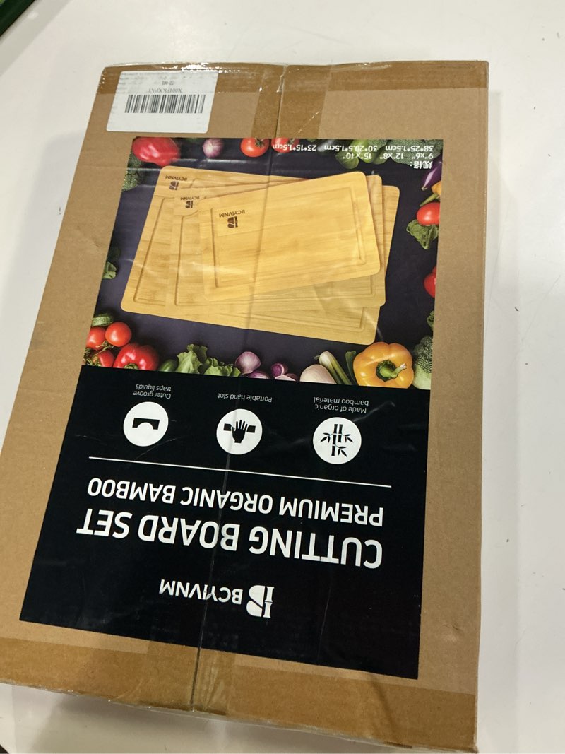 Condition photo showing New/Like New for bamboo cutting board set of 3 wooden chopping boards with juice groove and handles charcuterie cheese serving boards for meat vegetables large medium small kitchen cutting board set