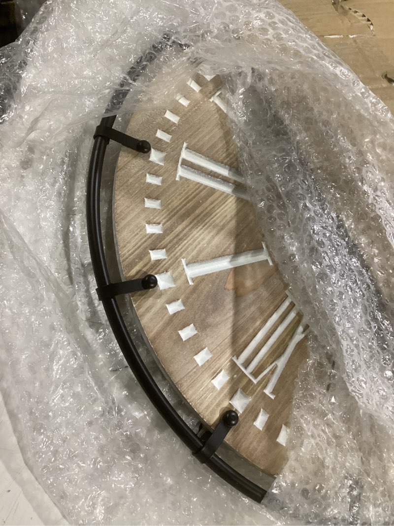 Condition photo showing Good Condition for emax home 20 inch large farmhouse wall clock, rustic antique wood with metal circle and large engraved numerals, silent battery operated wall clock for office kitchen bedroom living room brown 20 inch