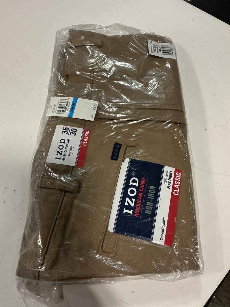 Condition photo showing New/Like New for ( size 36W 30L)  IZOD Men's American Chino Flat Front Straight Fit Pant, English Khaki, 