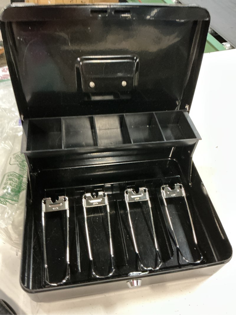 Condition photo showing As Is for kyodoled locking cash box with lock, money box with cash tray, lock safe box with key, money saving organizer,11.81lx 9.45wx 3.54h inches, black xl large black key lock