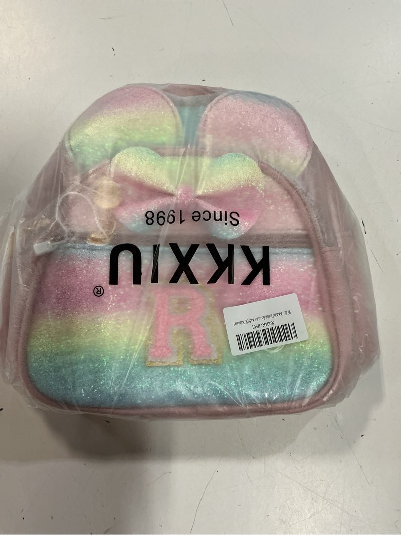 Condition photo showing New/Like New for kkxiu initial bowknot mini backpacks for girls women, small cute backpack purse, personalized birthday gifts for toddler, kids and teen girls(r, rainbow) rainbow r