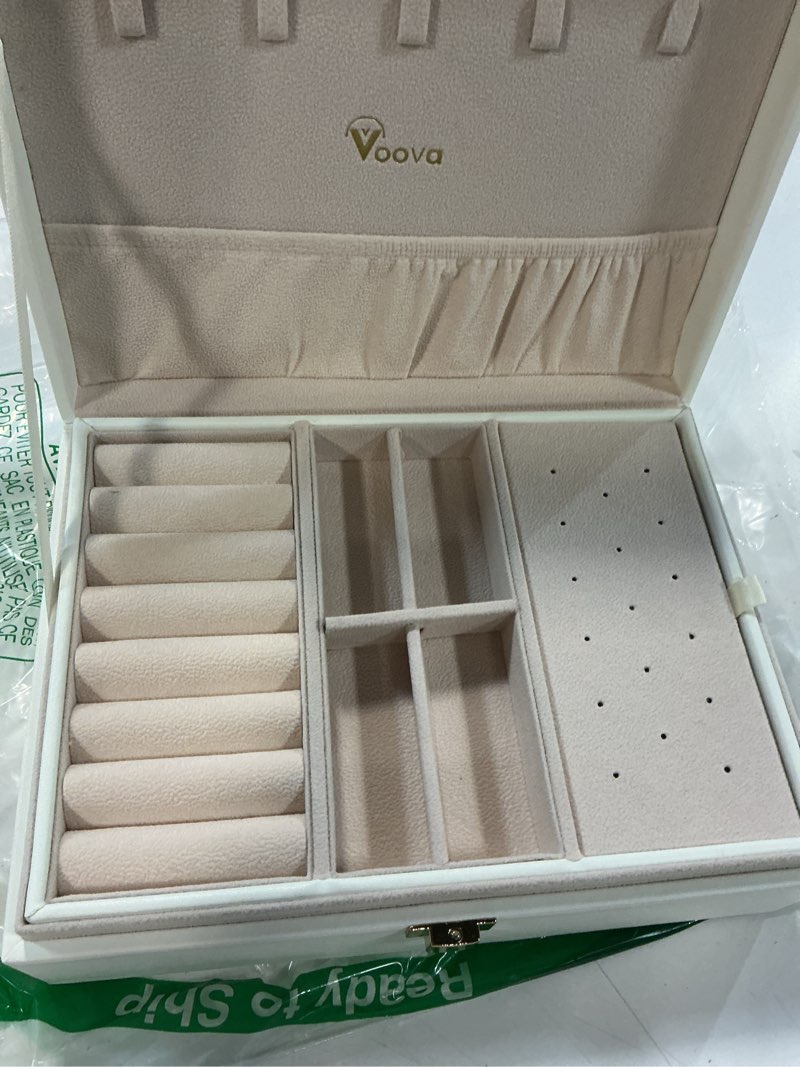 Condition photo showing Good Condition for voova jewelry box organizer for women girls, 2 layer large men jewelry storage case, pu leather display jewellery holder with removable tray for necklace earrings rings bracelets, vintage gift, white white 2 layer