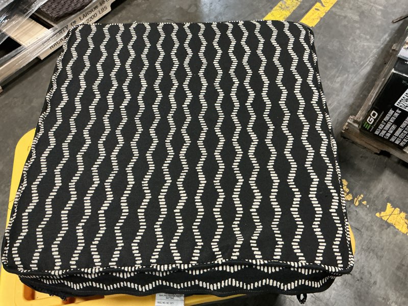 Condition photo showing As Is for origin 21 18-in x 19-in black helix jacquard patio chair cushion