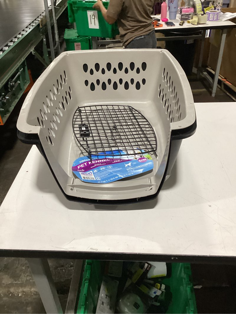 Condition photo showing As Is for vibrant life pet kennel small/medium 26" dog crate, plastic travel pet carrier for pets 15-25 lb, grey