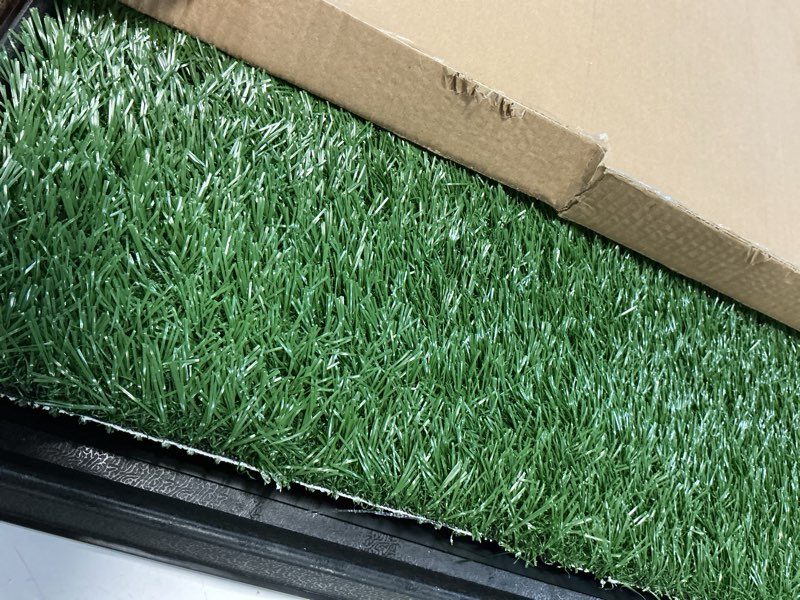Condition photo showing As Is for artificial grass puppy pee pad for dogs and small pets - 20x30 inch, reusable 4-layer turf pads for dogs with tray - indoor and outdoor fake grass potty pet supplies by petmaker large 4-layer system