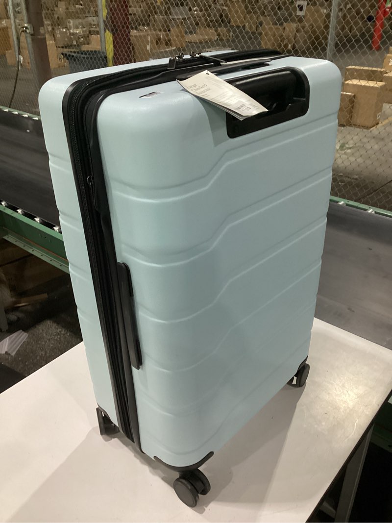 Condition photo showing Good Condition for hardside large checked spinner wheels suitcase - open story- aqua blue