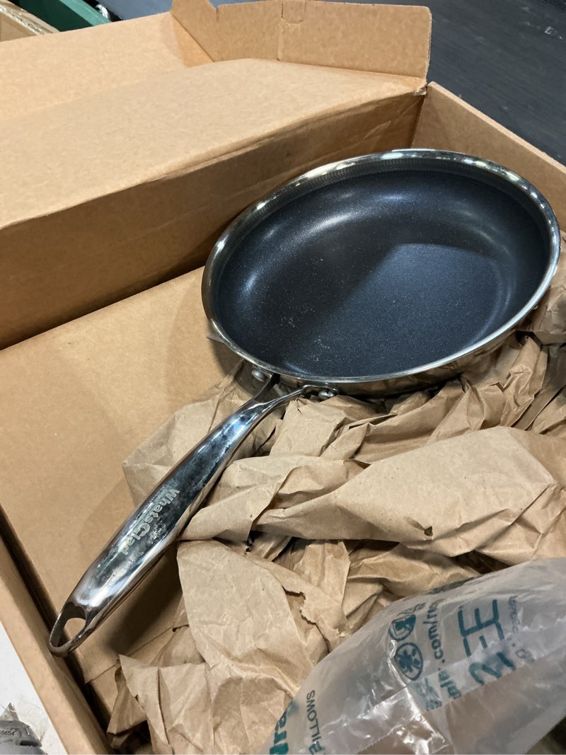 Condition photo showing As Is for 10" hybrid ceramic nonstick frying pan, 3-ply stainless steel skillet, 2-layer coating, pfas & ptfe free, 9h hardness & corrosion resistance, dishwasher safe, induction compatible-blue
