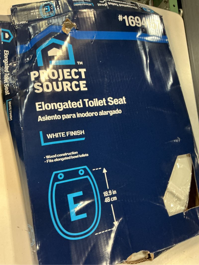 Condition photo showing As Is for project source plastic white elongated soft close toilet seat
