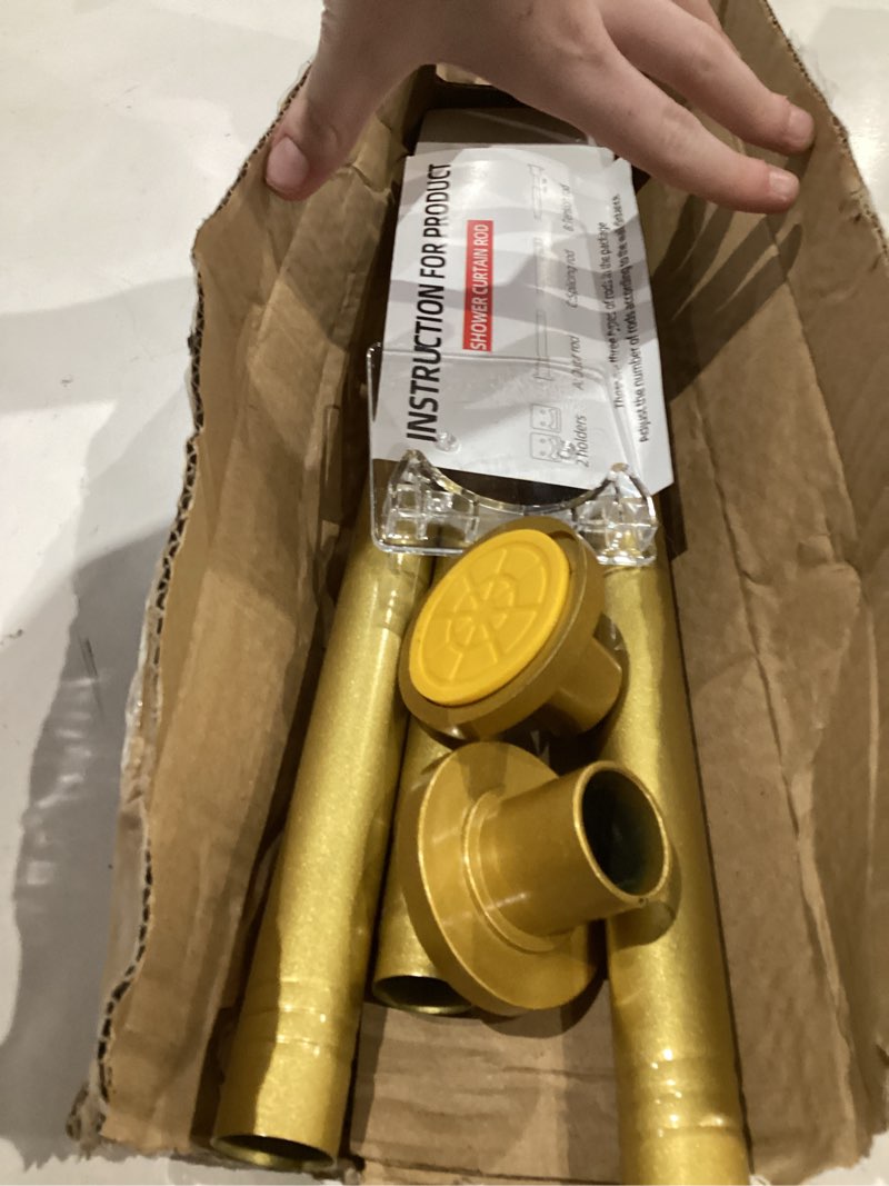 Condition photo showing As Is for corklatta gold shower curtain rod 31 to 92 inch,1 inch diameter adjustable spring tension stainless steel telescoping rod,easy install,no rust 31-92 gold