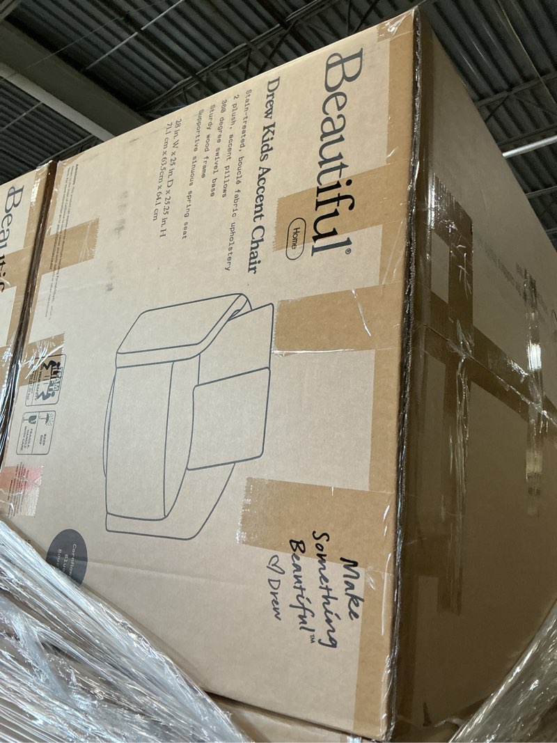 Condition photo showing New/Like New for beautiful drew kids accent chair by drew barrymore, rose bouclé fabric