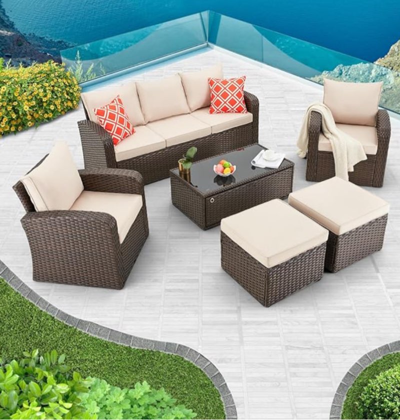 ((Incomplete Box 1/3))HOMREST 6 Pieces Patio Furniture Sets, All Weather Wicker Patio Conversation Sets with Storage Glass Coffee Table, Outdoor Sectional Sofa w/Ottomans for Garden, Lawn, Balcony,Khaki