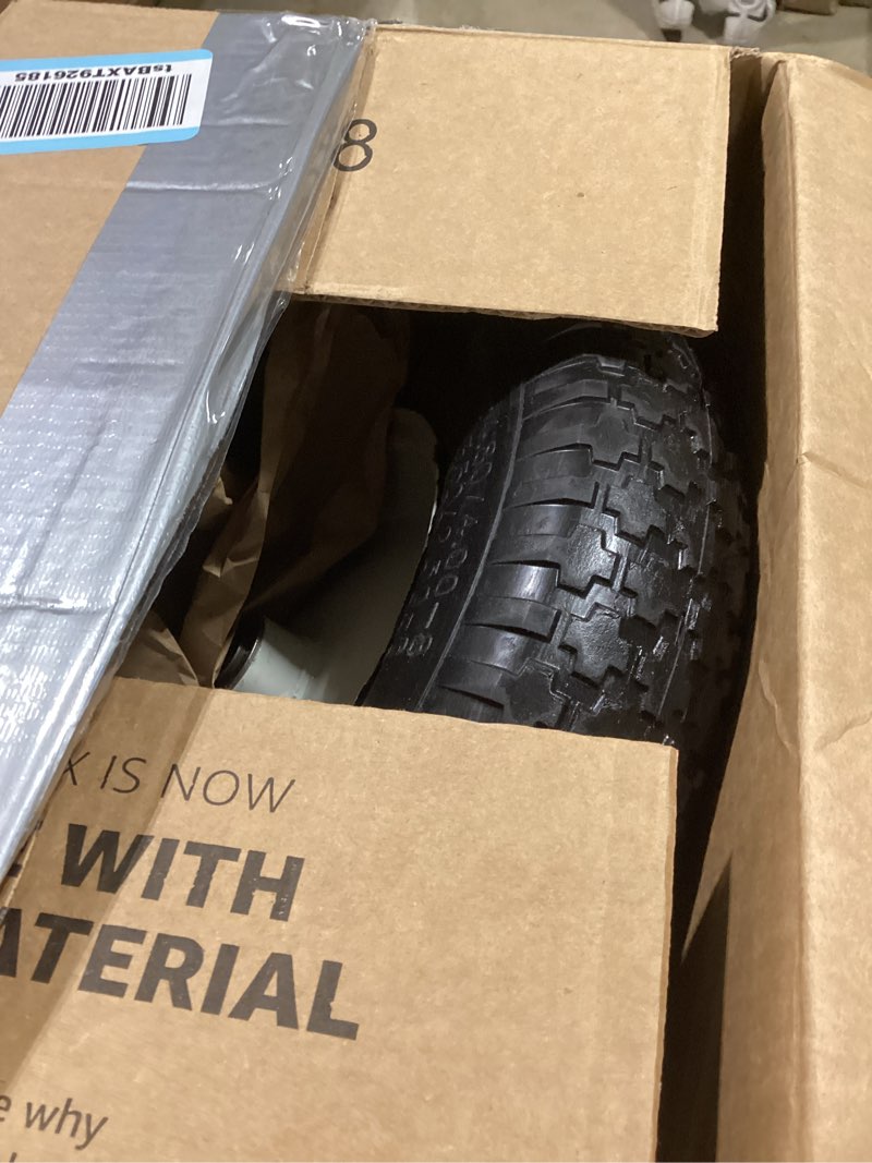 Condition photo showing New/Like New for wheelbarrow tires 4.80/4.00-8, 14.5" tire and wheel flat free, 5/8" bore bearing with 3/4" extra bearings, 3" centered hub - universal for 4.80-8 4.00-8 4.00-6 3.50/3.00-8 wheelbarrow tires white