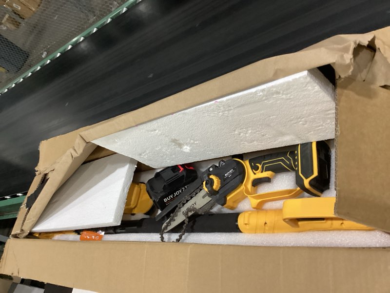 Condition photo showing Good Condition for 6-in-1 pole saw & cordless hedge trimmer combo kit,electric grass trimmer,mini chainsaw with 2×4.0 ah battery,dual-action blade,brushless motor,8.5 ft max reach,for tree trimming/garden/lawn (yellow)