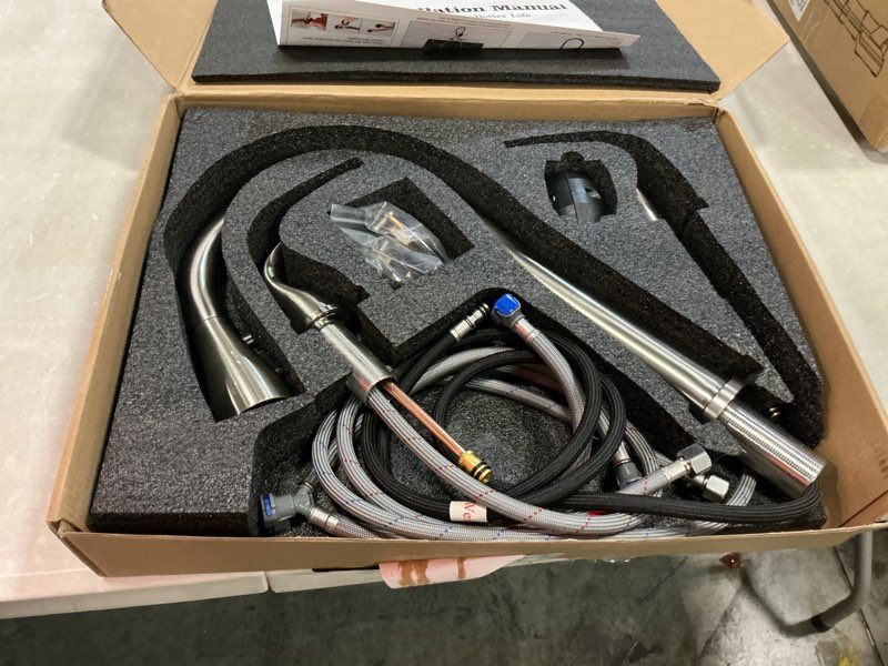 Condition photo showing Good Condition for tioriy 3 hole kitchen faucet with pull down sprayer, brushed nickel, double handle high arc faucet for kitchen sink with 3 mode spray, stainless steel, t-3005bn