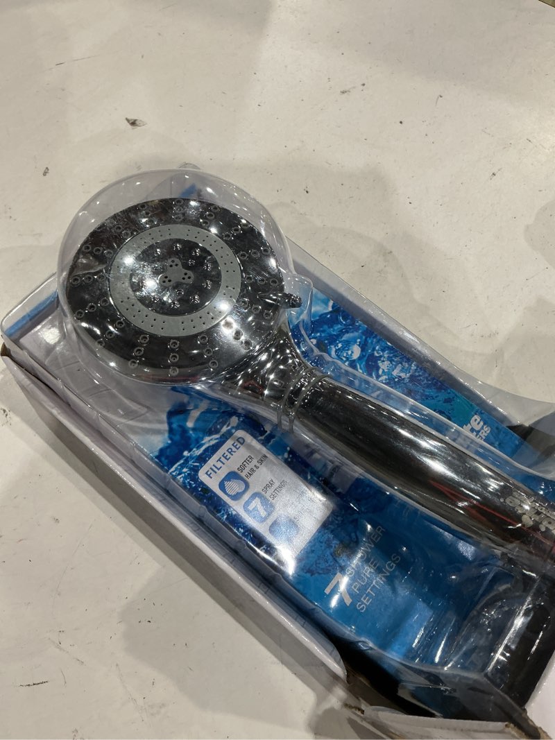 Condition photo showing As Is for sprite shower pure 7-settings chrome 4.5-in round handheld filtered shower head 2.5 gpm