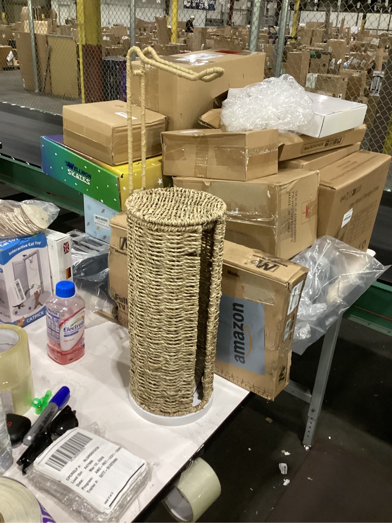 Condition photo showing Good Condition for Freestanding Wicker Toilet Paper Holder with Lid, 3 Rolls of Toilet Tissue Storage, Rattan Handmade Woven Toilet Paper Roll Holder Stand, Decorative Boho Bathroom Farmhouse Toilet Paper Holder
