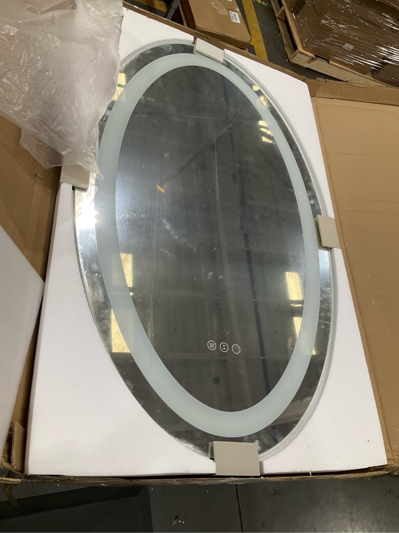 Condition photo showing As Is for SMIROR 40 x 24 Oval LED Bathroom Mirror, Lighted Vanity Mirror for Wall, Anti-Fog, Shatter-Proof, Dimmable, Memory, 3 Colors (Front Lights + Backlit) Oval-shaped 40"L x 24"W