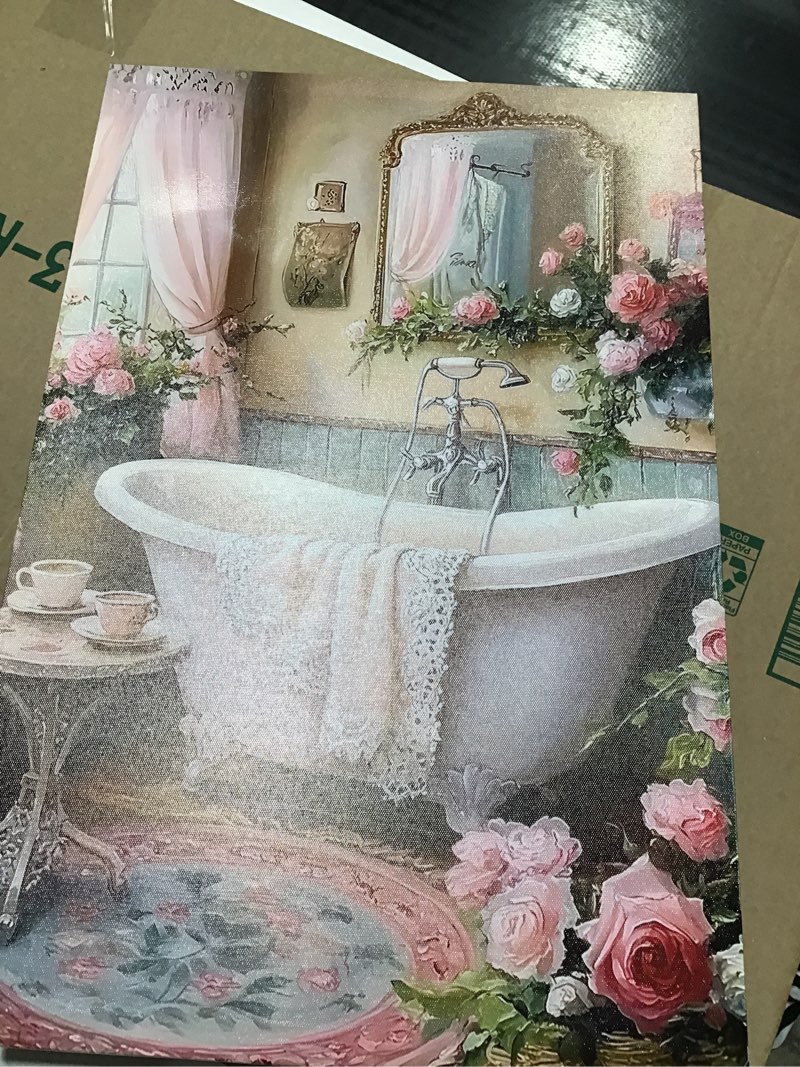 Condition photo showing As Is for lkjhgf999 Pink Flowers Theme Bathroom Canvas Wall Art Vintage Bathtub Painting Pictures Wall Decor Floral Botanical Luxury Bathroom Prints Artwork for Toilet Restroom Home Decoration 16"L x 24"W Canvas