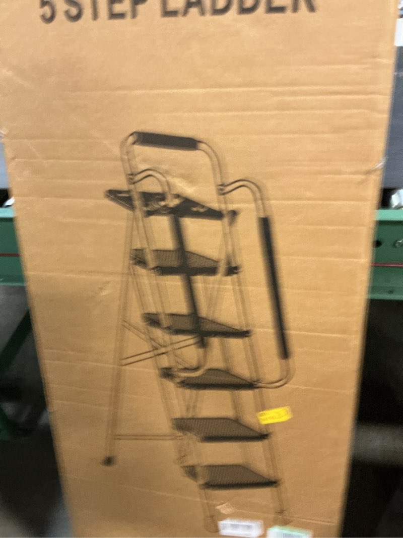 Condition photo showing New/Like New for 5 step ladder, protable steel folding stool with wide anti-slip pedal, tool platfor, sturdy steel ladder, black