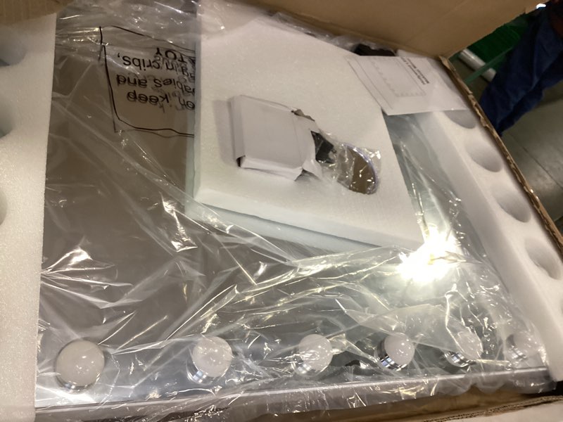 Condition photo showing Good Condition for FENCHILIN Vanity Mirror with Lights 32''x23'' Tempered Glass Large Hollywood Mirror with 18 Dimmable Bulbs for Makeup Table/Hanging Bluetooth Speaker Mirror with Touch Screen & USB Charge Port 32"L x 23"W