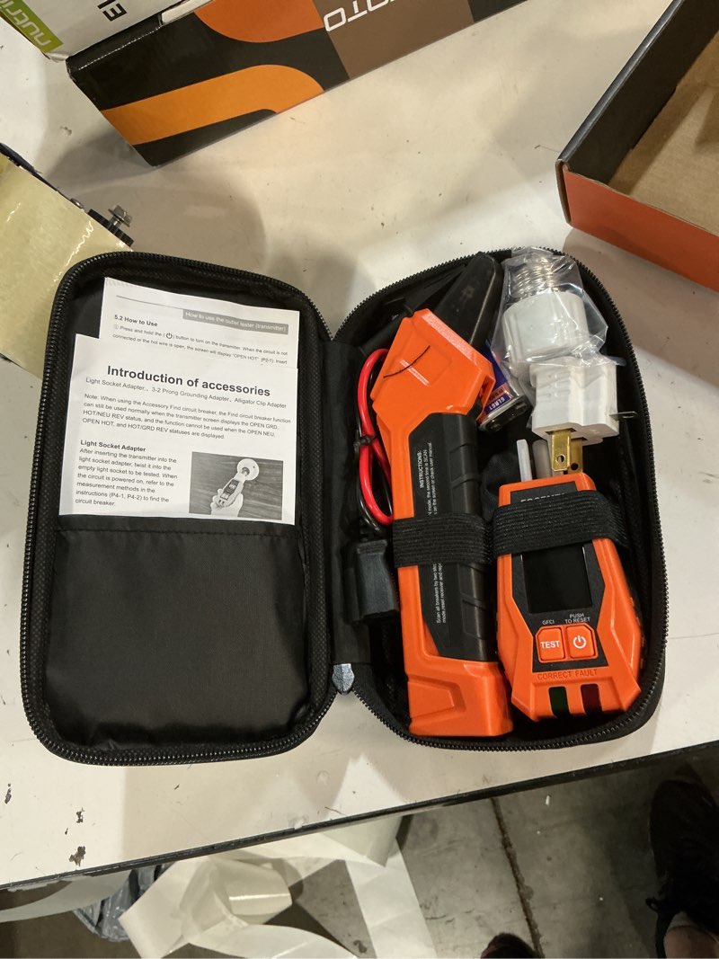 Condition photo showing New/Like New for circuit breaker finder kit with gfci outlet tester for 90-135v ac circuits,includes light socket adapter, 3-2 prong grounding adapter & clip adapter,portable electrical tool with carrying case orange