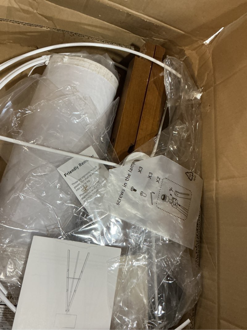 Condition photo showing New/Like New for ELYONA Tripod Floor Lamp with Table, Mid Century Wood Shelf Standing Light Modern Tall Floor Lamp with Linen Shade for Living Room Bedroom Office,Dark Brown, 3 Color Temperatures LED Bulb Include Vintage,Farmhouse, Modern, Industrial, Rustic, Retro