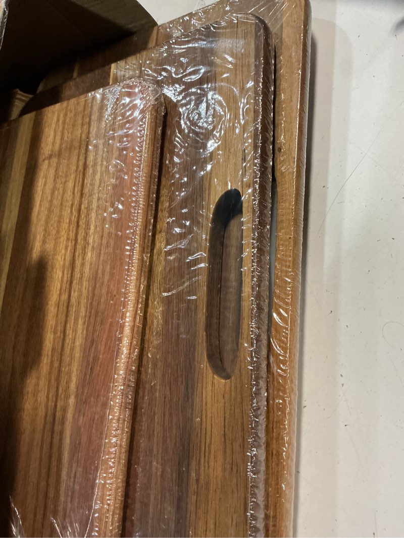 Condition photo showing Good Condition for smirly wooden cutting boards for kitchen, double-sided cutting board with handle, heavy duty solid acacia wood cutting board set with stand, 3 pcs cutting boards non toxic for meat vegetable fruit acacia brown