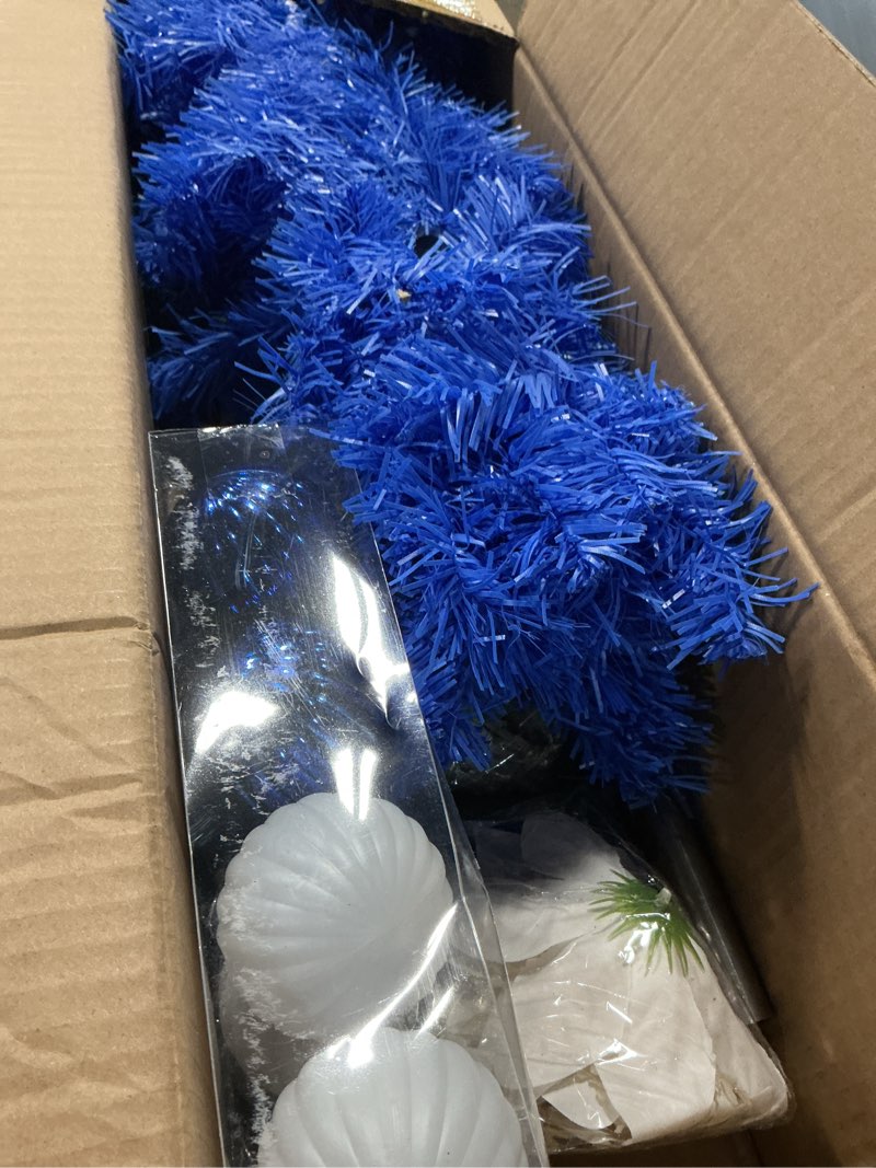 Condition photo showing Good Condition for 70 PCS 7 FT Half Christmas Tree with Lights and Ornaments for Wall Corner Artificial Half Xmas Tree with 200 LED Lights 500 Branches Balls Skirt Berry Stems for Holiday Decoration(Blue Color)