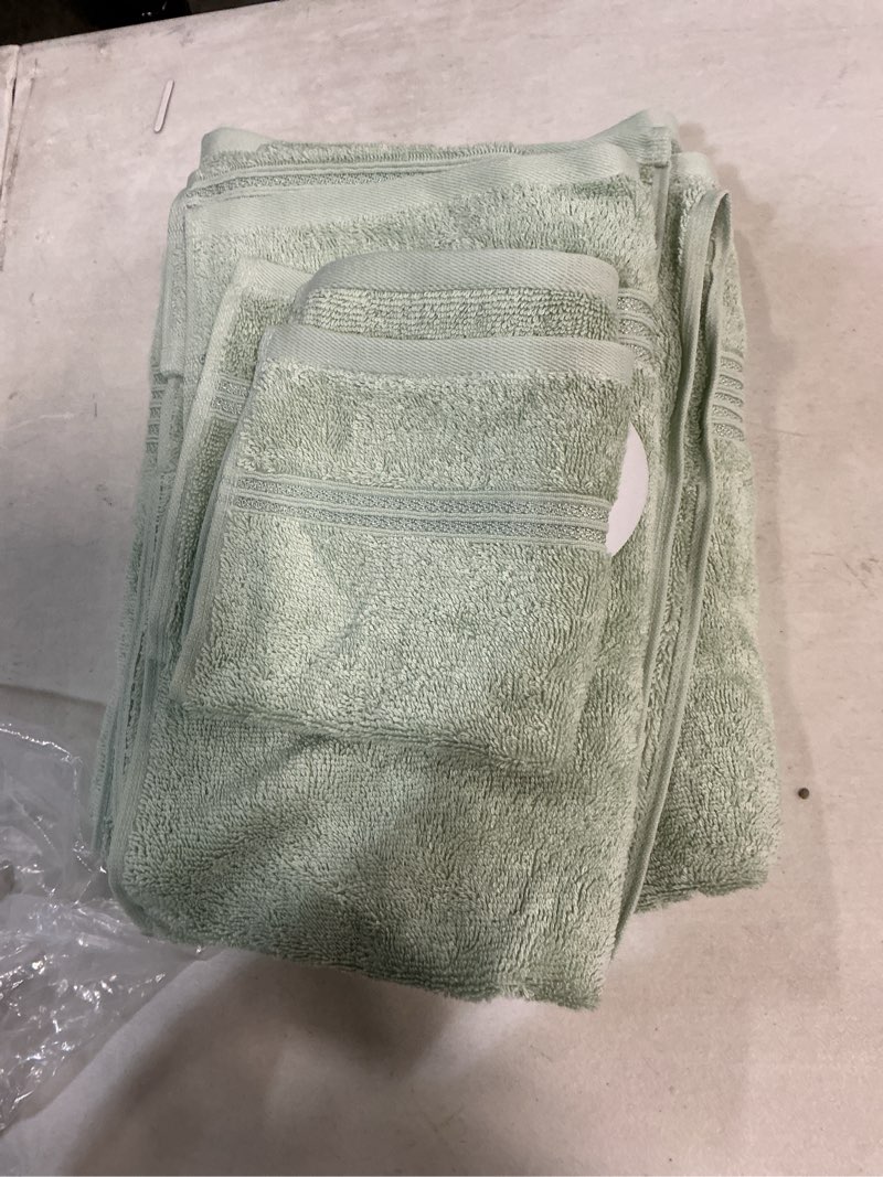 Condition photo showing As Is for ( incomplete ) superior egyptian cotton 6-piece towel set, bathroom essentials, towels for bathroom, apartment, airbnb, guest bath, face, hand, bath towels, washcloths, absorbent, fast drying, sage sage 6 piece towel set