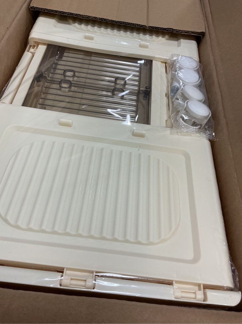 Condition photo showing New/Like New for foldable storage box with lid, plastic storage box with wheels, for desktop, living room, kitchen supplies organization, stackable organizer, medium size 21.3×10.7×35.8 inch (4 tiers) 21inch & 4 tier