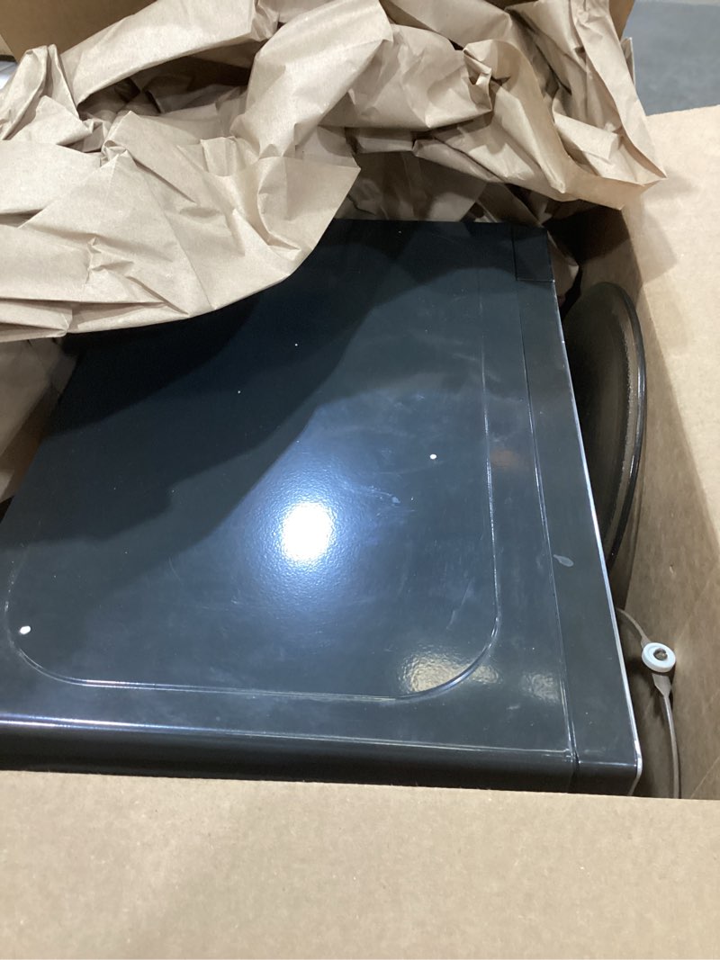 Condition photo showing As Is for ge compact countertop microwave oven, 0.7 cubic ft., 700-watt capacity, 6 auto cooking settings, child-lock technology, dorm room or apartment, stainless steel 0.7 cu.ft. stainless steel