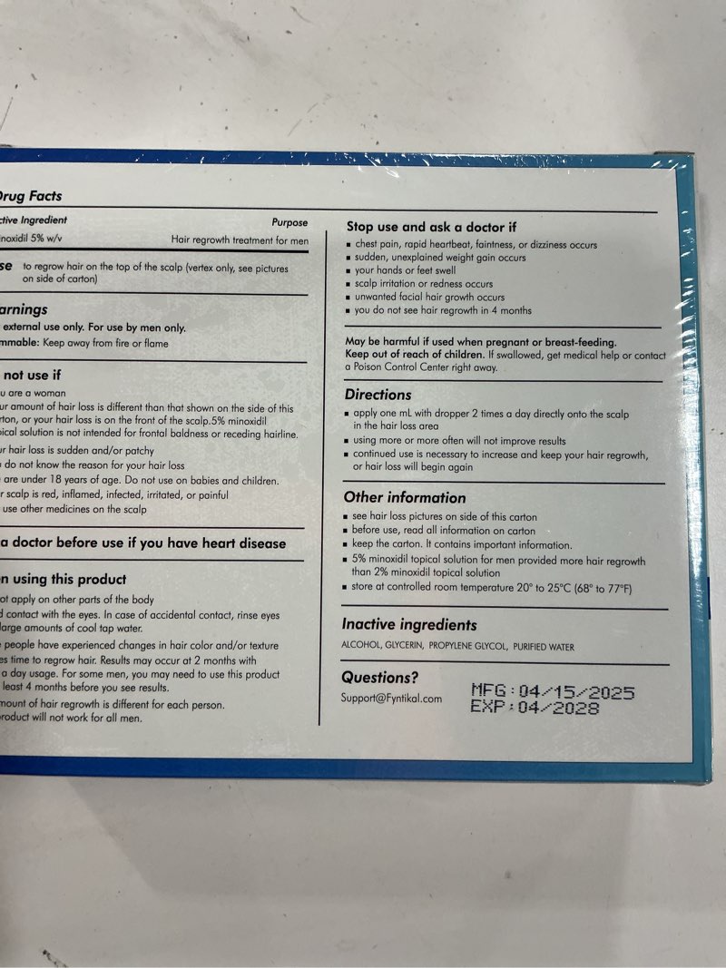 Condition photo showing New/Like New for Fytikal 5% Minoxidil for Men Hair Regrowth Treatment, Extra Strength Topical Solution for Thinning Hair & Balding, Beard Growth Enhancer, Non-Greasy Fast-Absorbing Formula, 3-Month Supply Minoxidil 3x60mL ( EXP 04/2028)