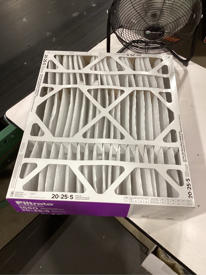 Condition photo showing Good Condition for filtrete 20x25x5 air filter merv 12, mpr 1550 certified asthma & allergy friendly 1-pack, fits trion airbear, ac furnace hvac filters, pleated electrostatic (actual size 19.56 x 24.13 x 4.75 in) 4.7" x 24.2" x 19.6"