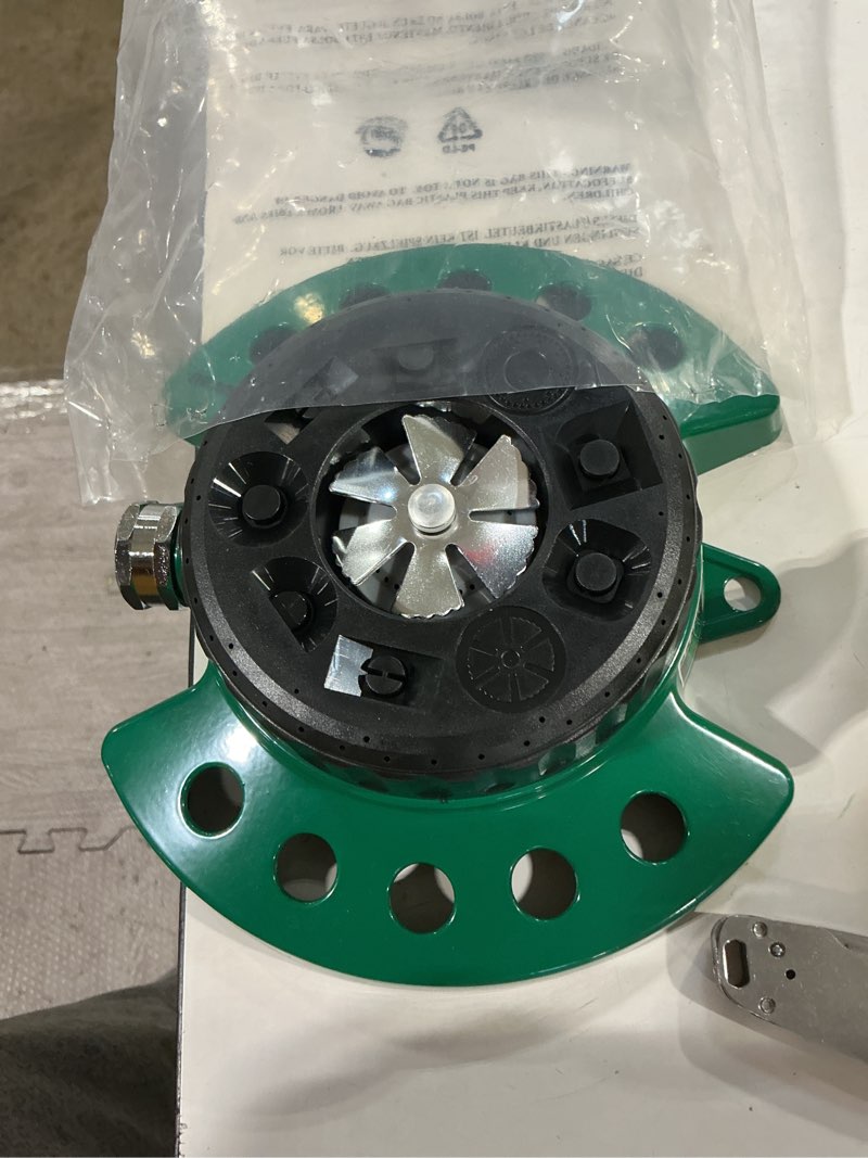 Condition photo showing Good Condition for dramm metal base, green 15024 colorstorm 9-pattern turret sprinkler with heavy-duty meta turret sprinkler green