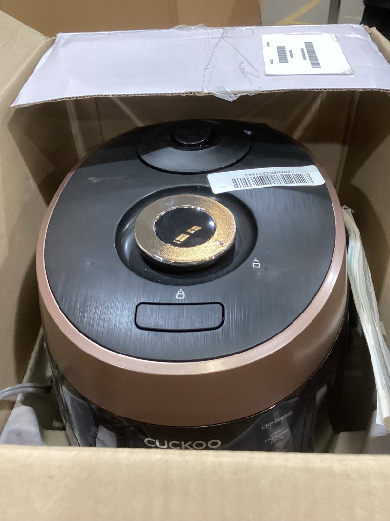 Condition photo showing As Is for CUCKOO High Pressure Rice Cooker 6-Cup Uncooked / 12-Cup Cooked with Nonstick Inner Pot, Versatile Rice Maker with 12 Menu Options and Steam Plate, Fuzzy Logic Tech, Voice Guide, Black (CRP-P0609S) 6 CUP Black