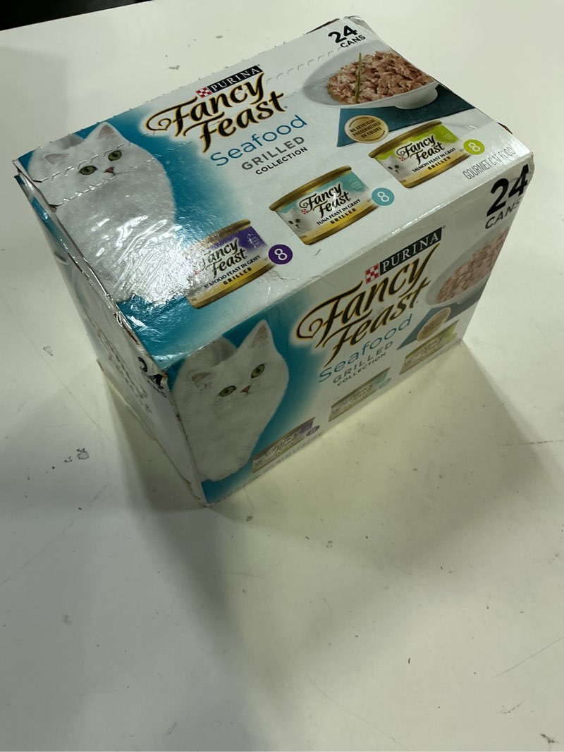 Condition photo showing New/Like New for best by- apr/2027) purina fancy feast grilled wet cat food seafood collection in wet cat food variety pack - (pack of 24) 3 oz. cans