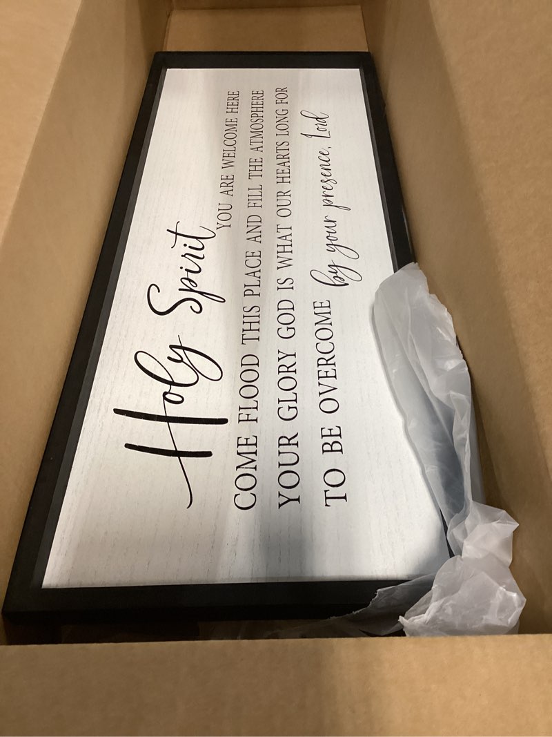 Condition photo showing Good Condition for Holy Spirit You are Welcome Here Wall Decor Art 32x12 Inch Large Christian Song Bible Verse Plaque Wood Framed Sign Living Room Scripture Quote Religious For Office Wall Hanging (Black) 32L" x 12W" Black