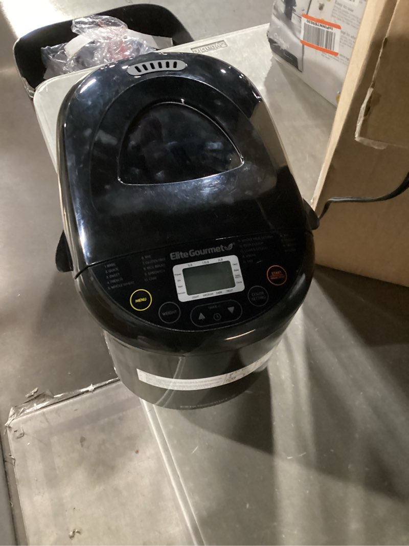 Condition photo showing Good Condition for elite gourmet programmable bread maker, 2 lb loaf, 3 sizes, 19 presets incl. gluten-free, dough & jam, delay timer, black