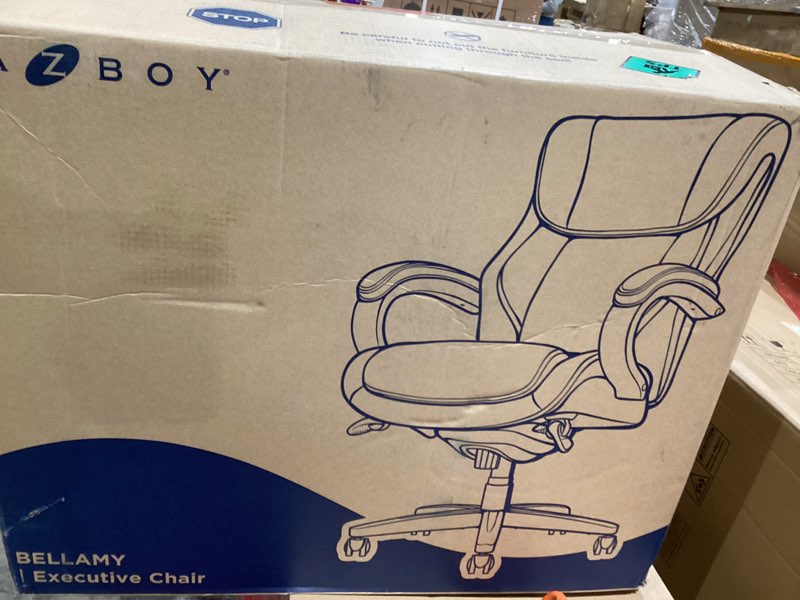 Condition photo showing New/Like New for la-z-boy® bellamy executive office chair with memory foam cushions, real wood arms and swivel base, waterfall seat edge, faux bonded leather, black black chair