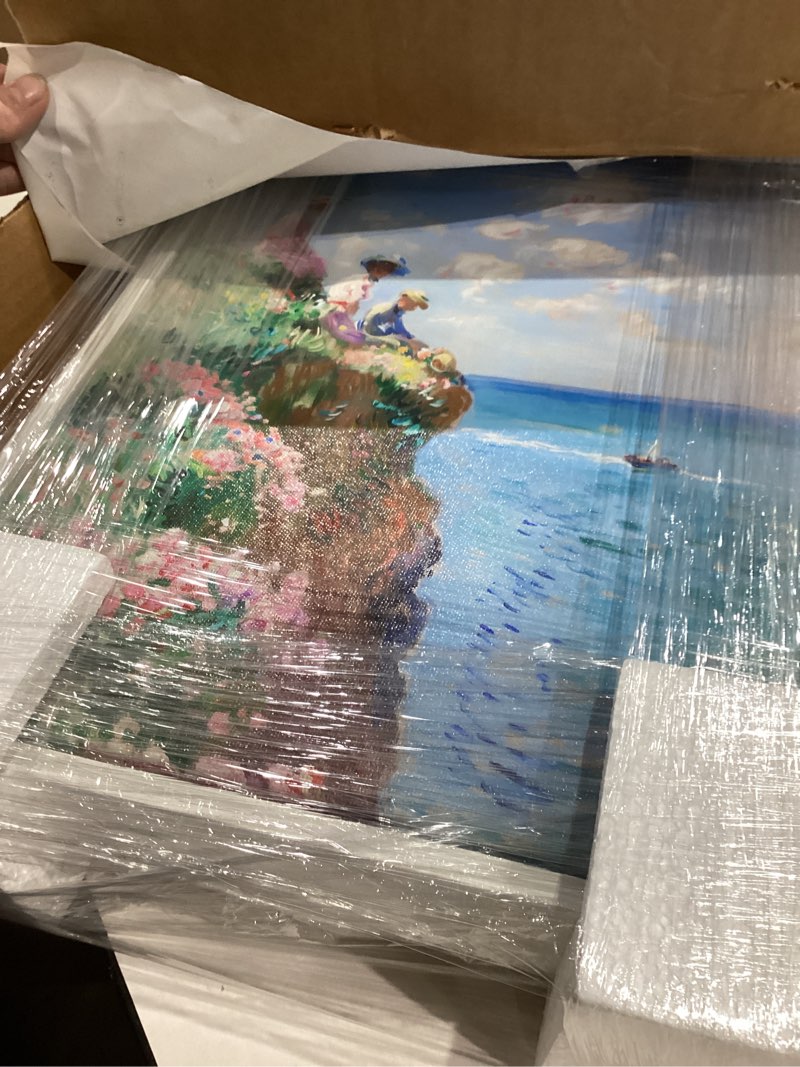 Condition photo showing New/Like New for Art Remedy By The Seaside Framed Impressionism 1 Piece Canvas Wall Art/Monet And Van Gogh Inspired Art, 11" x 16", White Frame White Frame 16"L x 11"W