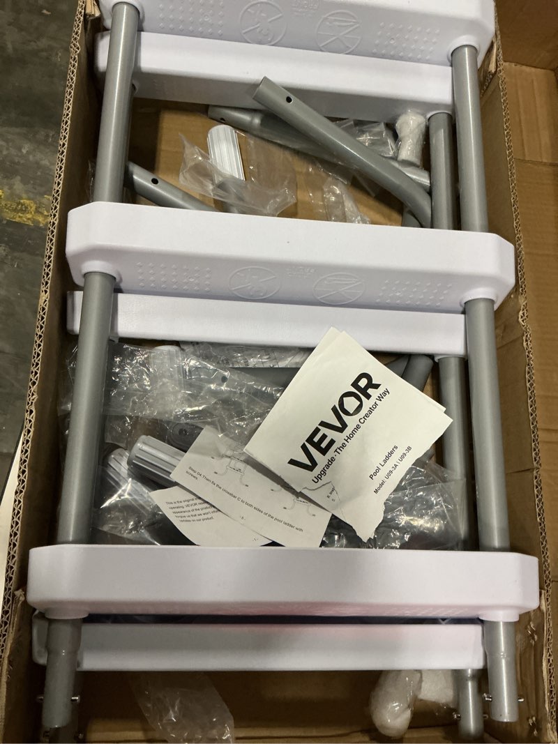 Condition photo showing Good Condition for vevor above ground pool ladder, 3-step steel a-frame swimming pool stairs for 42 in high wall, 300 lbs capacity entry/exit steps with secure non-slip sturdy wide step, easy setup, gray & white 3-step for 42 in